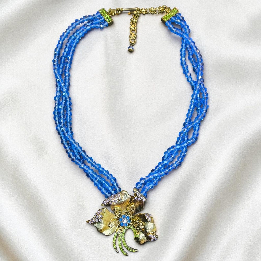 AFR.K Blue Glass Crystal Multistrand Orchid Flower Statement Necklace Rhinestone